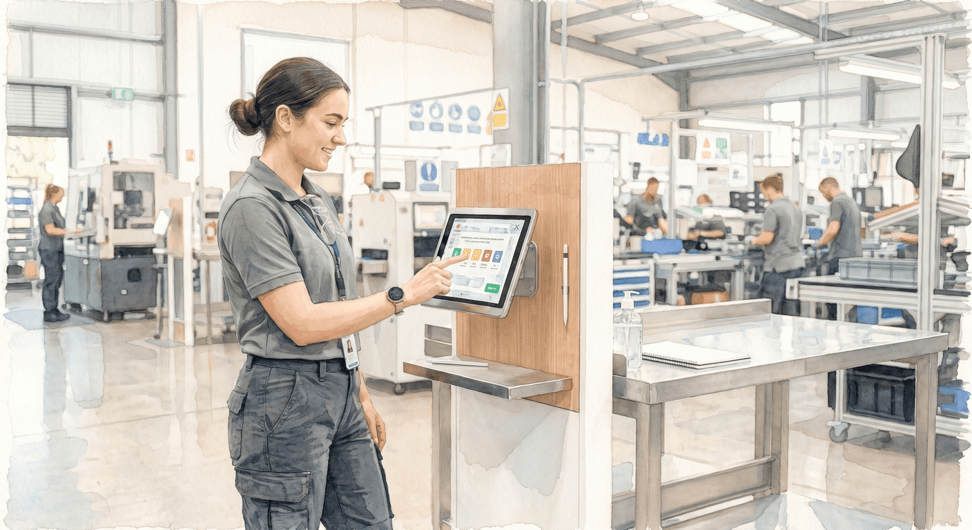 QR-Code-Poster und Kiosk-Terminal in Fabrikumgebung