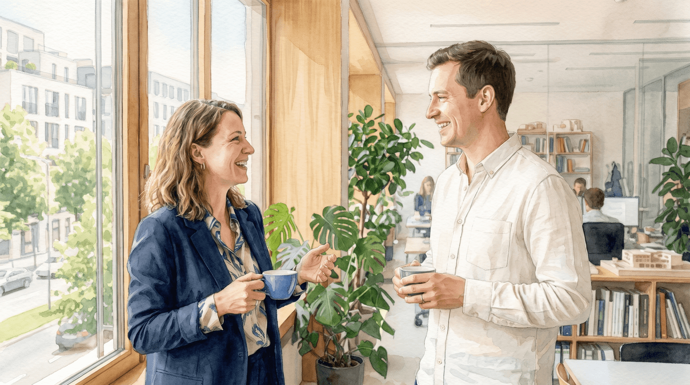 Zwei Kolleg:innen im Gespräch am Fenster, modernes Büro, Tageslicht