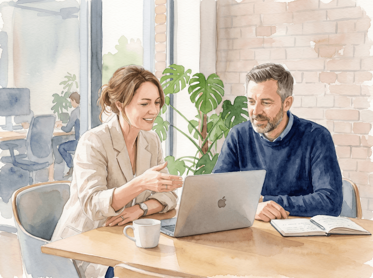 Führungskraft und HR besprechen die Ergebnisse einer Pulsbefragung am Laptop