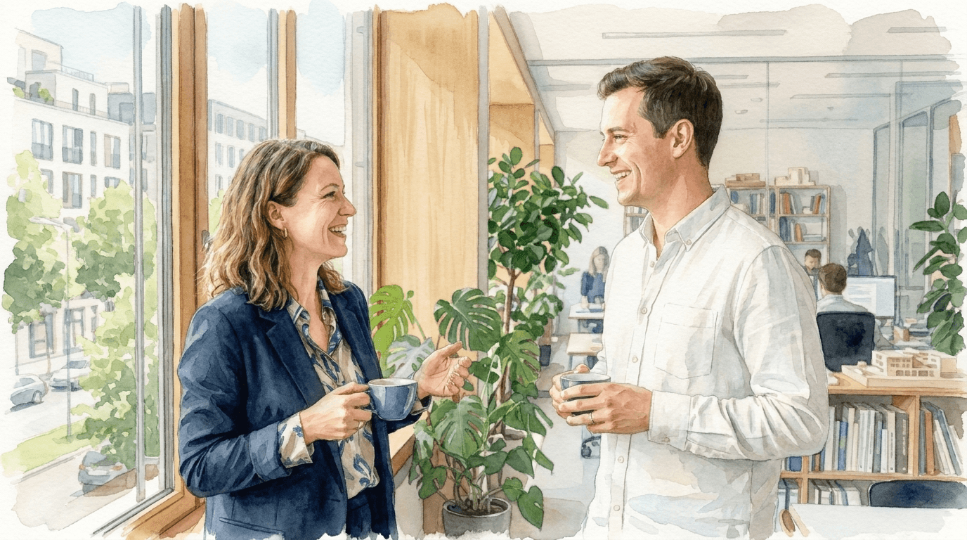Zwei Abteilungsleitende im Gespräch am Fenster eines hellen Büros, beide mit Kaffeetasse in der Hand