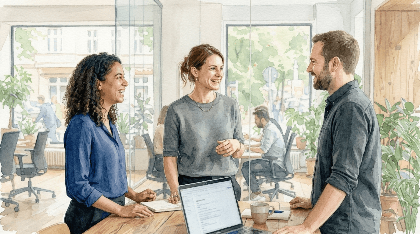 Teamleiterin im Gespräch mit zwei Teammitgliedern in einem hellen Büro