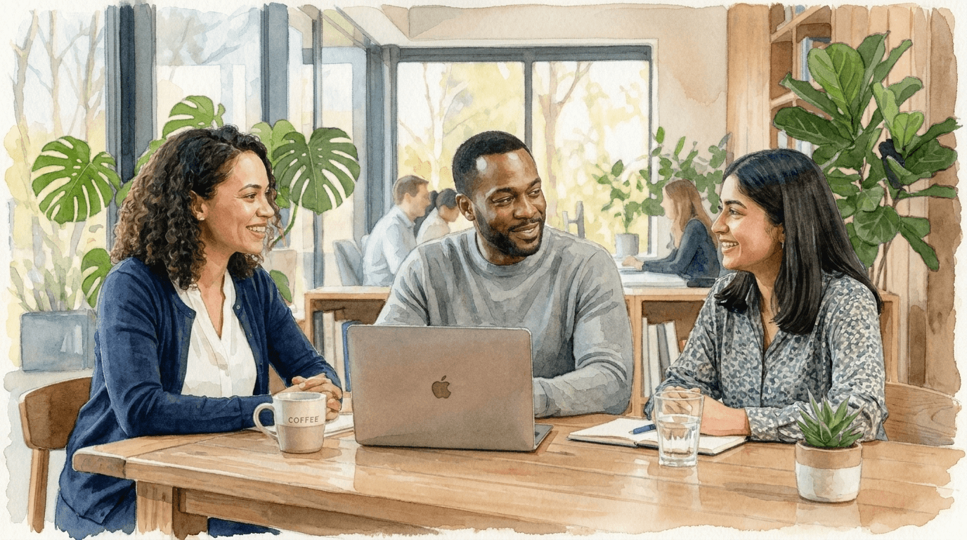 HR-Team bespricht Befragungsergebnisse gemeinsam an einem Bildschirm in einem hellen Büro