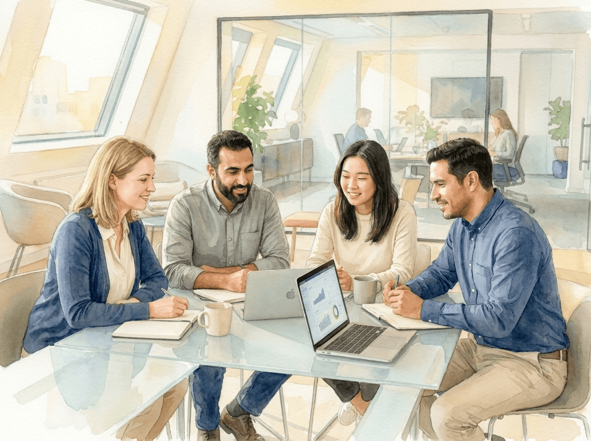 Internationales Team in einem hellen europäischen Büro bei der Auswertung einer Mitarbeiterbefragung