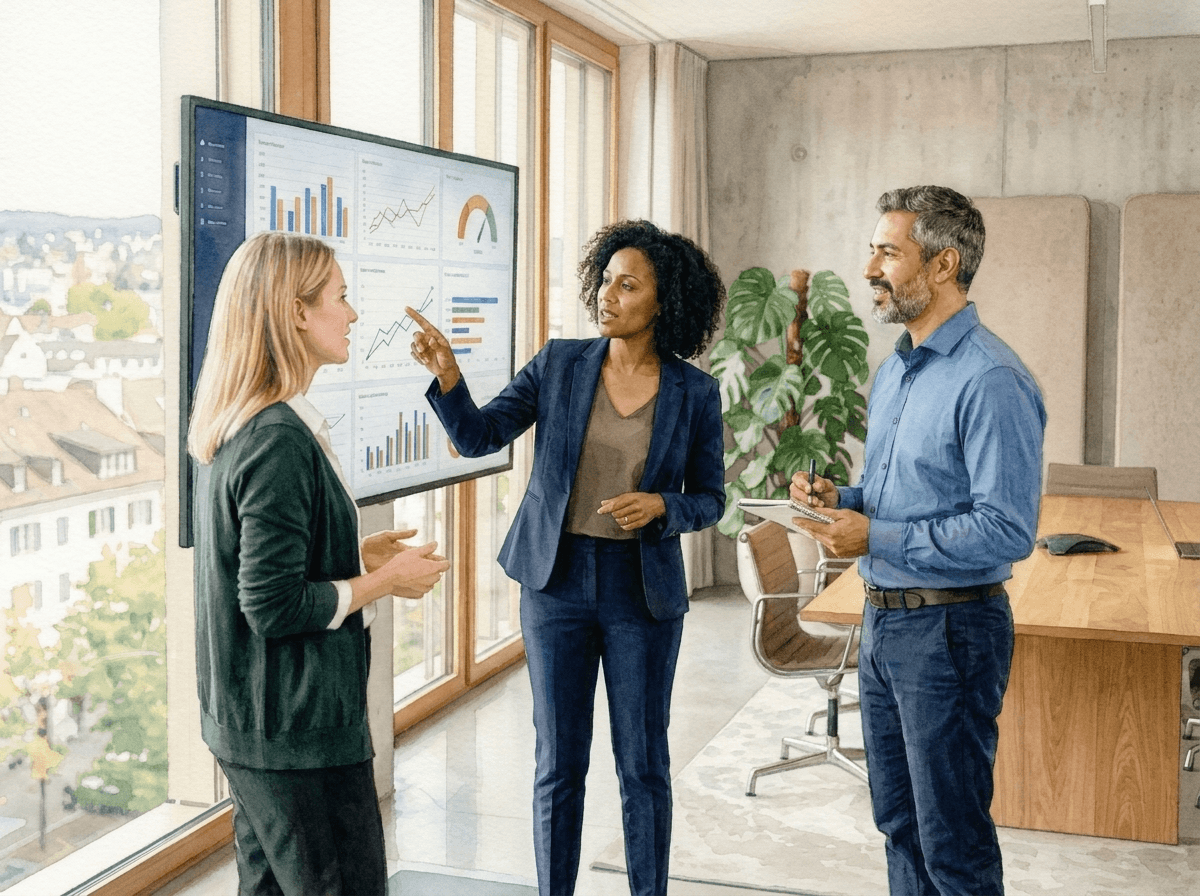 Drei Führungskräfte besprechen Befragungs-Dashboard im Meetingraum