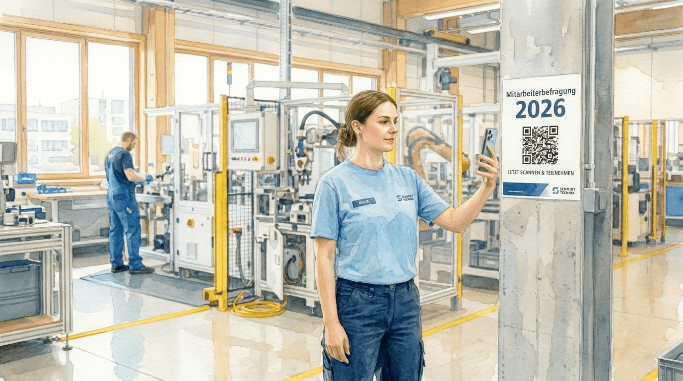 Produktionsmitarbeiterin scannt einen QR-Code für die Mitarbeiterbefragung auf einem Poster in der Fertigungshalle