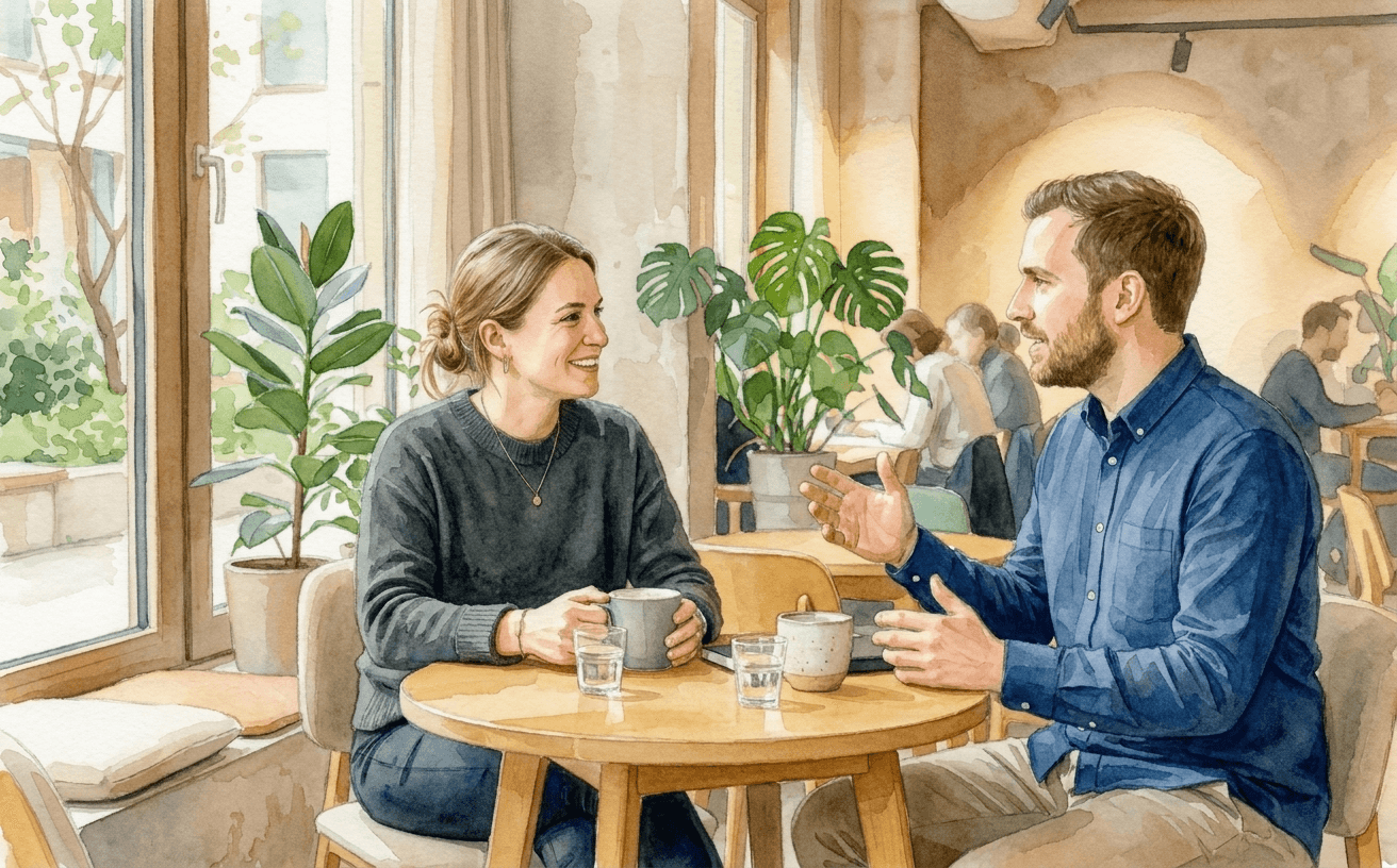 Teamleiterin im Entwicklungsgespraech mit einer Kollegin, Cafe-Ecke im Buero
