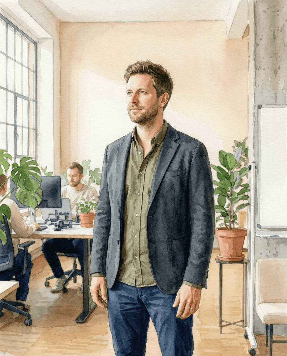 Teamleiterin in einem ruhigen Buero, im Hintergrund ein Kollege am Schreibtisch