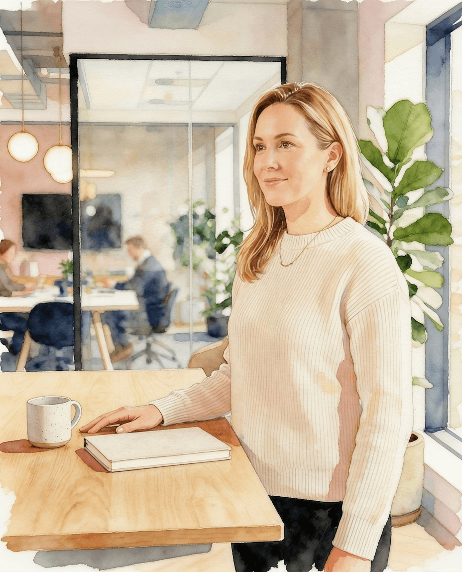 HR-Leitung in einem hellen Büro, lehnt am Stehtisch und blickt nachdenklich aus dem Bild