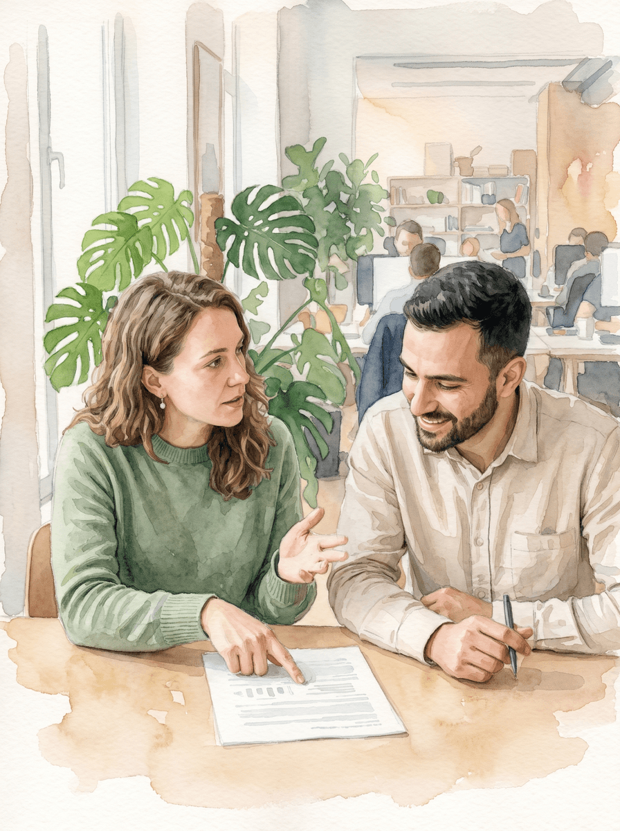 Zwei Kolleginnen und Kollegen besprechen gemeinsam eine Betriebsvereinbarung am Tisch